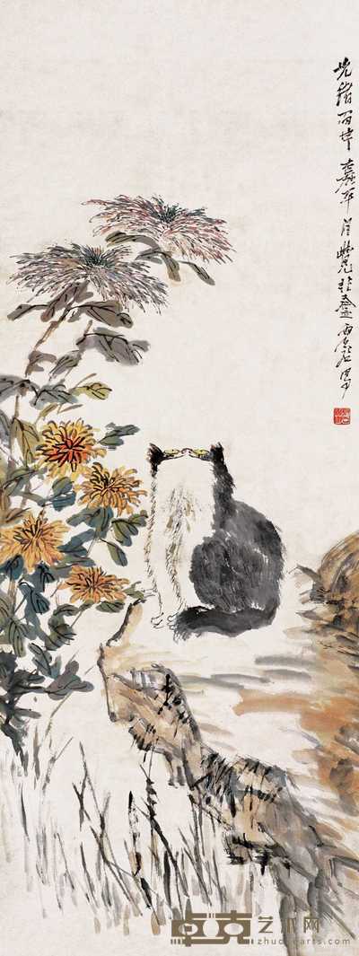 虚谷 猫菊图 立轴 135×51cm